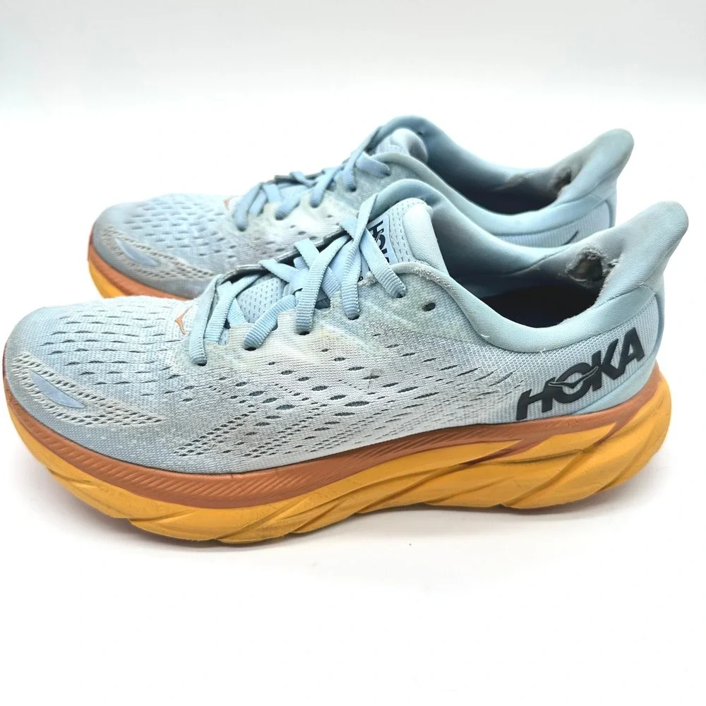 Hoka One One Clifton 8 Summer Song/Ice Flow Women Running Shoes Blue Orange 8.5